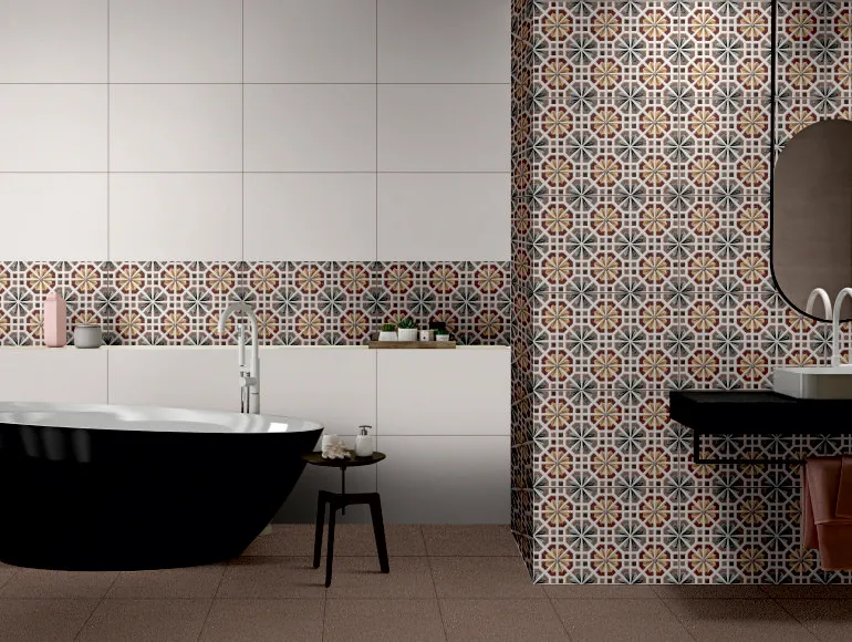 Modern beige bathroom with Moorish Art Brown tile, bathtub, and sink